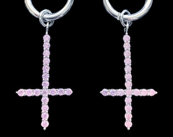 Pink Cross Earrings! Iced out White Cubic Zirconia + Silver Plated Dangly Earrings (Comes as Single Item or Pair of Two)