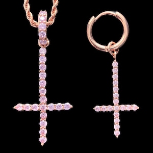 Pink Cross Necklace Earring Combo Iced Out Light Pink Cubic Zirconia Silver Plated Cross Pendant Stainless Steel Chain hoop lil Peep Etsy