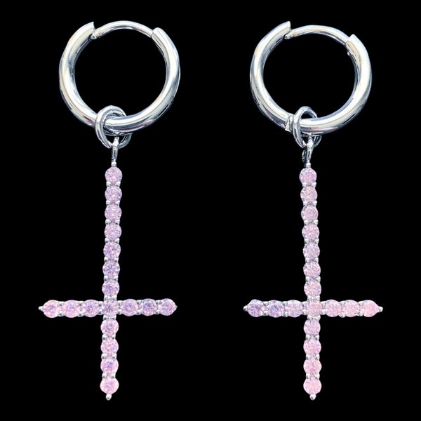 Pink Cross Earrings! Iced out White Cubic Zirconia + Silver Plated Dangly Earrings (Comes as Single Item or Pair of Two)