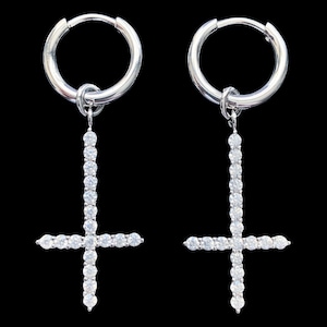 White Cross Earrings! Iced out White Cubic Zirconia + Silver Plated Dangly Earrings (Comes as Single Item or Pair of Two)