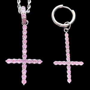 Pink Cross Necklace & Earring Combo! Iced out White Cubic Zirconia Silver Plated Cross Pendant + Stainless Steel Chain/Hoop (Lil Peep)