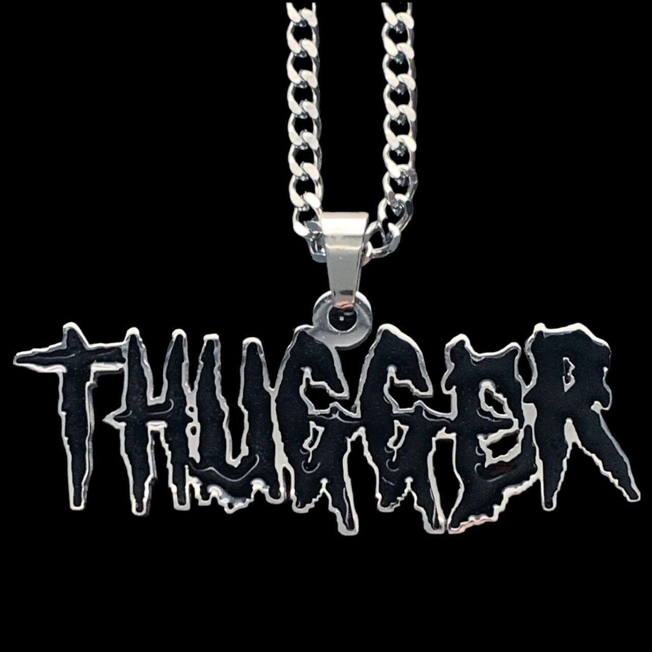 Young Thug THUGGER Necklace! Stainless Steel & Black Enamel Pendant + Stainless Steel Chain (Young Slime Life Young Stoner Life Slatt Gunna)