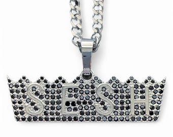 SESH Crown Necklace! Iced Out Cubic Zirconia Pendant + Stainless Steel Chain (TeamSESH Bones Xavier Wulf Hollow Squad DeadBoy Trap Metal)