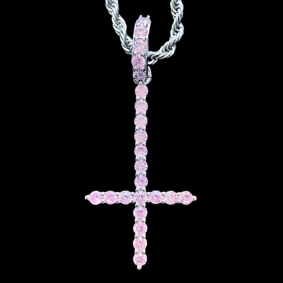 Pink Cross Necklace Iced Out Pink Cubic Zirconia Silver Plated Cross Pendant Stainless Steel Chain Lil Peep Jewelry