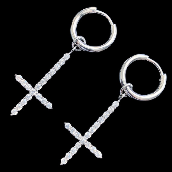 White Cross Earrings! Iced Out White Cubic Zirconia + Silver