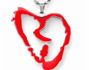 Red Enamel Heartbreak Pendant Necklace, Stainless Steel Chain
