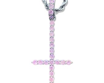 Pink Cubic Zirconia Inverted Cross Necklace, Silver Plated Pendant