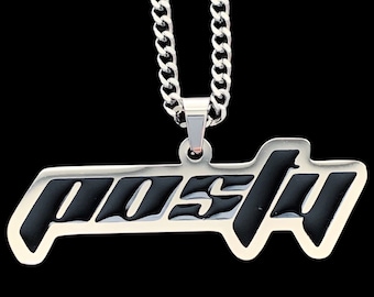 Collar Posty de Post Malone. Colgante de acero inoxidable y esmalte negro + cadena de acero inoxidable (Stoney White Iverson Beerbongs y Bentleys)