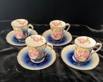 Rare and gorgeous! 4 antique Royal Bavarian China P.M.B. Germany Demitasse cups/saucer sets