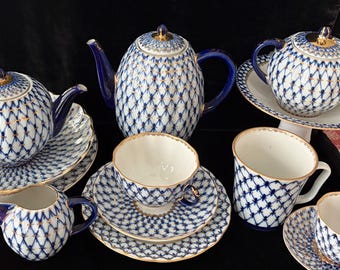 Russian Imperial Lomonosov Cobalt Net Porcelain
