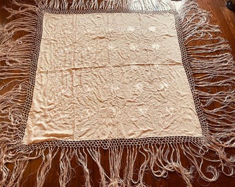 A stunning vintage embroidered silk piano scarf/shawl hand knotted fringe