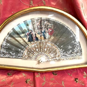 Gorgeous vintage framed SPANISH FOLDING FAN Hand Painted Signed J. Ramon