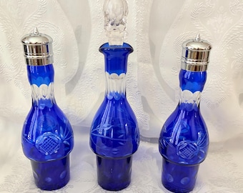 By each: Rare! Coable cut to clear glass oil/vinegar, pepper bottles