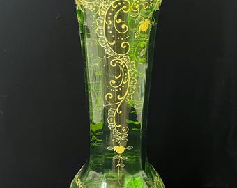 Gorgeous vintage hand painted green glass vase