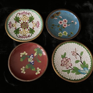 Vintage Chinese Cloisonne Brass Enamel Floral Trinket Dish