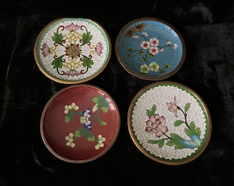 Vintage Chinese Cloisonne Brass Enamel Floral Trinket Dish