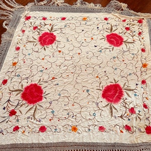 A stunning vintage embroidered silk piano scarf/shawl hand knotted fringe