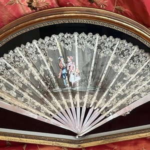 Antique Handmade Lace Fan having Painting and  Mother of Pearl Ribs