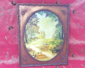 Vintage oil painting by Texas artist framed by vintage gold gesso frame