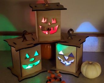 Linterna de calabaza iluminada / Madera de abedul natural