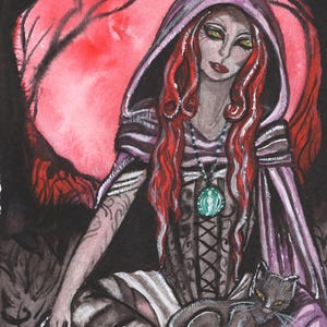 Witch and Cat Print, watercolor painting, witch art, halloween illustration