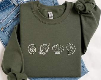 Seashell Embroidered Sweatshirt Sea Shell Shirt, Beachy Sweatshirt Summer Vibes Beach Shirt, Beach Vacation Tshirt
