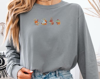 Maglietta a maniche lunghe con ricamo a forma di fungo autunnale e colori comfort / Top con ricamo a forma di foresta autunnale, maglietta Cottagecore con funghi, regalo per gli amanti della natura