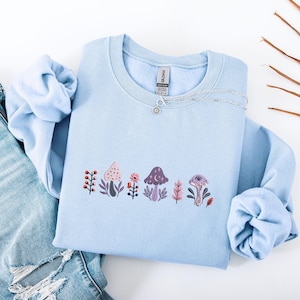 Mushroom Sweatshirt Embroidered Tshirt, Botany Embroidered Shirt, Embroidered Mushroom Crewneck