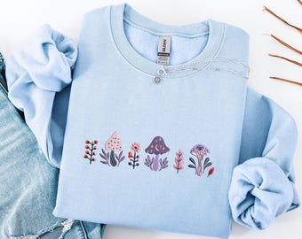 T-shirt met geborduurde paddenstoel, geborduurd botanie-shirt, ronde hals geborduurde paddenstoel