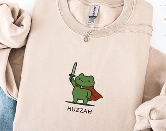 Funny Frog Sweater Embroidered, Sword Frog HUZZAH Crewneck Embroidery, Cute Frog Lover Gift, Christmas Gift Idea