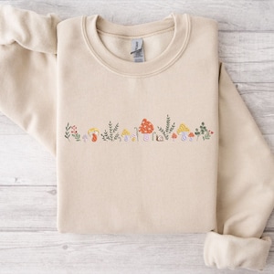 Embroidered Mushroom Sweatshirt, Bottany Hoodie Embroidered, Cottage Embroidery Tshirt, Forest Mushroom Crewneck Sweatshirt