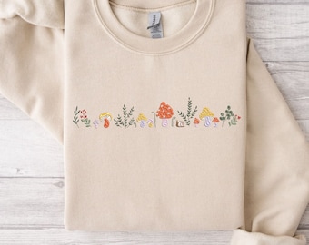Sweatshirt geborduurde paddestoel, hoodie geborduurd bottany, T-shirt cottage-borduurwerk, sweater met ronde hals Forest Mushroom