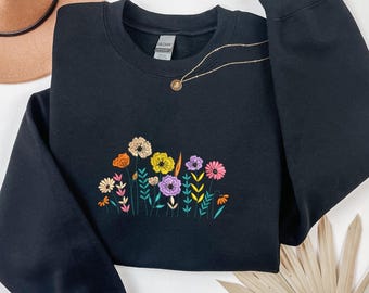 Wildflower Sweatshirt Embroidered, Floral Crewneck Embroidered, Tshirt Embroidered Gift for Her, Christmas Gift, Mother's Day Gift