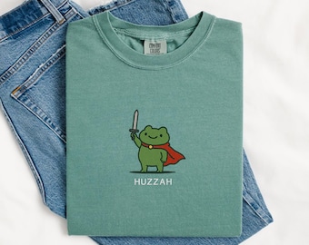 Huzzah Frog with Sword Tee, Embroidered Medieval Frog Shirt, Comfort Colors Tshirt Funny DnD T-Shirt, Renaissance Faire Frog Gift
