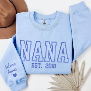 Embroidered Mama Sweatshirt with Date and Kid Name on Sleeve, Custom Embroidered Mama Nana GiGi Sweatshirt with Date and Kid Name on Sleeve