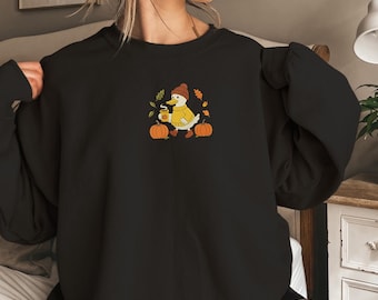 Fall Goose Shirt – Cozy Autumn Embroidered Sweatshirt or T-Shirt – Pumpkin Coffee Duck Shirt – Comfort Colors Fall Outfit