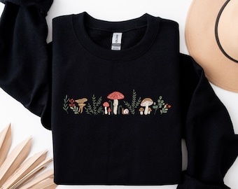 Sweatshirt geborduurde paddestoel, hoodie geborduurd bottany, T-shirt cottage-borduurwerk, sweater met ronde hals Forest Mushroom