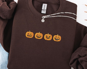 Felpa con ricamo a forma di zucca di Halloween, maglione autunnale con motivo Jack O' Lantern, maglione autunnale con ricamo, outfit con motivo a zucca