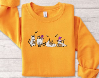 Moletom bordado de gato fantasma de Halloween, camiseta bordada com capuz, moletom fofo de gato fantasma