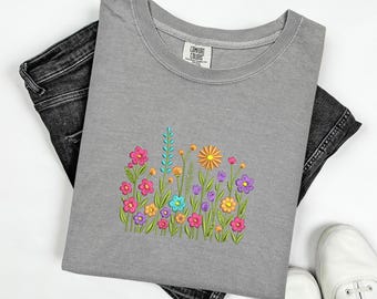 Floral Shirt Women Comfort Colors Wildflower Tshirt Embroidered Shirt Floral Crewneck