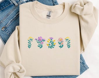 Wildflower Embroidered Sweatshirt Floral Tshirt Embroidered Crewneck Flower Shirt Embroidered Top Gift for Her, Mother's Day Gift