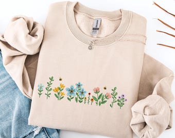 Wildflower Embroidered Sweatshirt Floral Tshirt Embroidered Crewneck Flower Shirt Embroidered Top Gift for Her, Mother's Day Gift