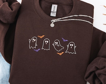 Schokoladen-Geist besticktes Halloween-Sweatshirt, süße Geister mit Fledermäusen im Herbst, gruseliger gemütlicher Rundhalsausschnitt für Frauen