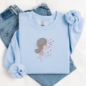 Valentine Sweatshirt Embroidered, Cute Girl Tshirt Embroidered, Valentine Day Gift, Gift for Her