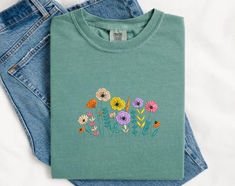 Comfort Colors Wildflower Tshirt Embroidered Shirt Floral Crewneck