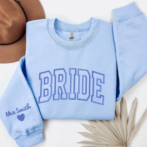 Custom Mrs. Embroidered Sweatshirt, Date On Sleeve, Name On Neckline, Wife Shirt, Future Mrs Hoodie, Engagement Gift, Bride To Be