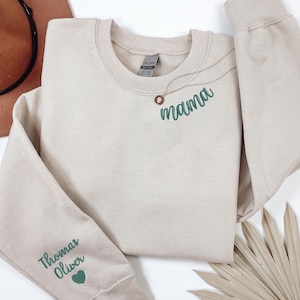 Custom Embroidered Mama Sweatshirt Grandma Gigi or your own text on Neckline Crewneck, Names on Sleeve, Gift for Her, Mother&#39;s Day Gift