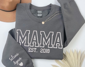 Custom Mama Sweatshirt Embroidered With Kid Name On Sleeve, Grandma Nana Gigi Sweatshirt Embroidered, Grandma Gift, Mother&#39;s Day Gift