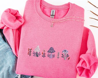 T-shirt met geborduurde paddenstoel, geborduurd botanie-shirt, ronde hals geborduurde paddenstoel