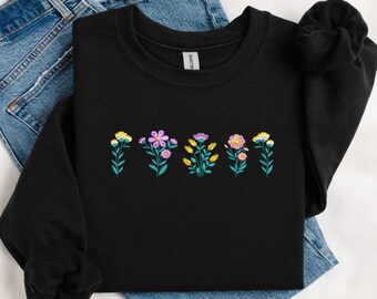 Wildflower Embroidered Sweatshirt Floral Tshirt Embroidered Crewneck Flower Shirt Embroidered Top Gift for Her, Mother's Day Gift.